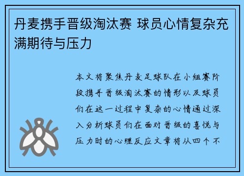 丹麦携手晋级淘汰赛 球员心情复杂充满期待与压力