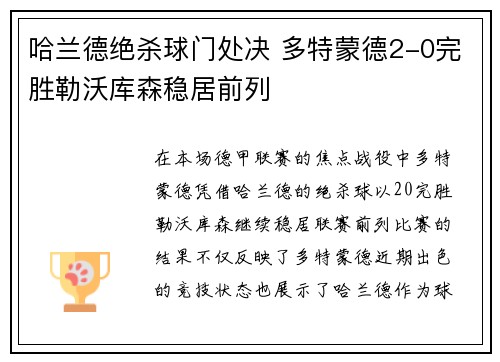 哈兰德绝杀球门处决 多特蒙德2-0完胜勒沃库森稳居前列