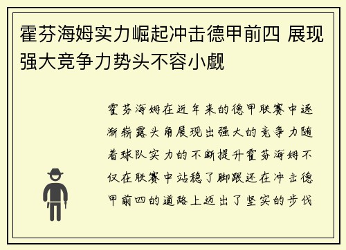 霍芬海姆实力崛起冲击德甲前四 展现强大竞争力势头不容小觑
