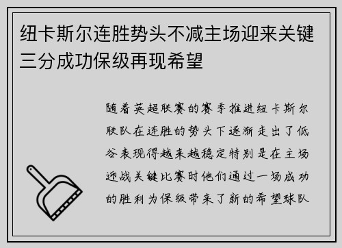 纽卡斯尔连胜势头不减主场迎来关键三分成功保级再现希望