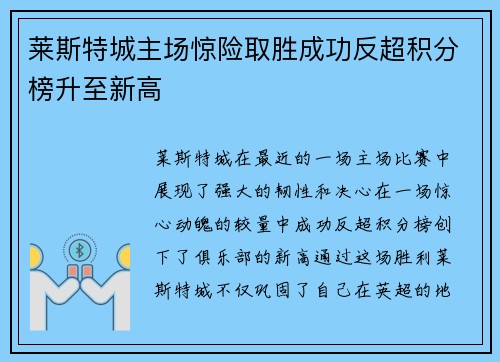 莱斯特城主场惊险取胜成功反超积分榜升至新高