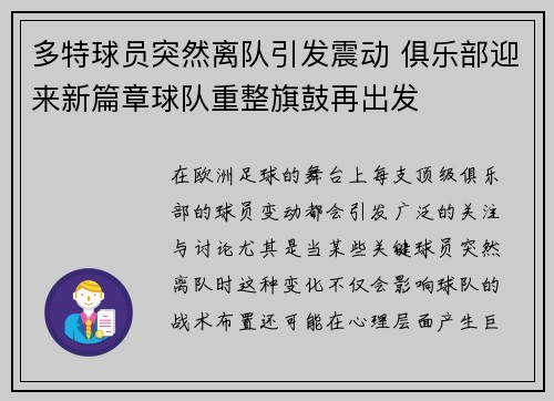 多特球员突然离队引发震动 俱乐部迎来新篇章球队重整旗鼓再出发