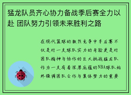 猛龙队员齐心协力备战季后赛全力以赴 团队努力引领未来胜利之路
