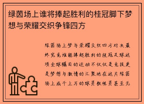 绿茵场上谁将捧起胜利的桂冠脚下梦想与荣耀交织争锋四方