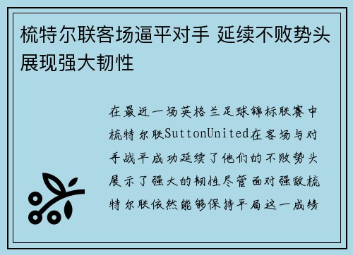 梳特尔联客场逼平对手 延续不败势头展现强大韧性